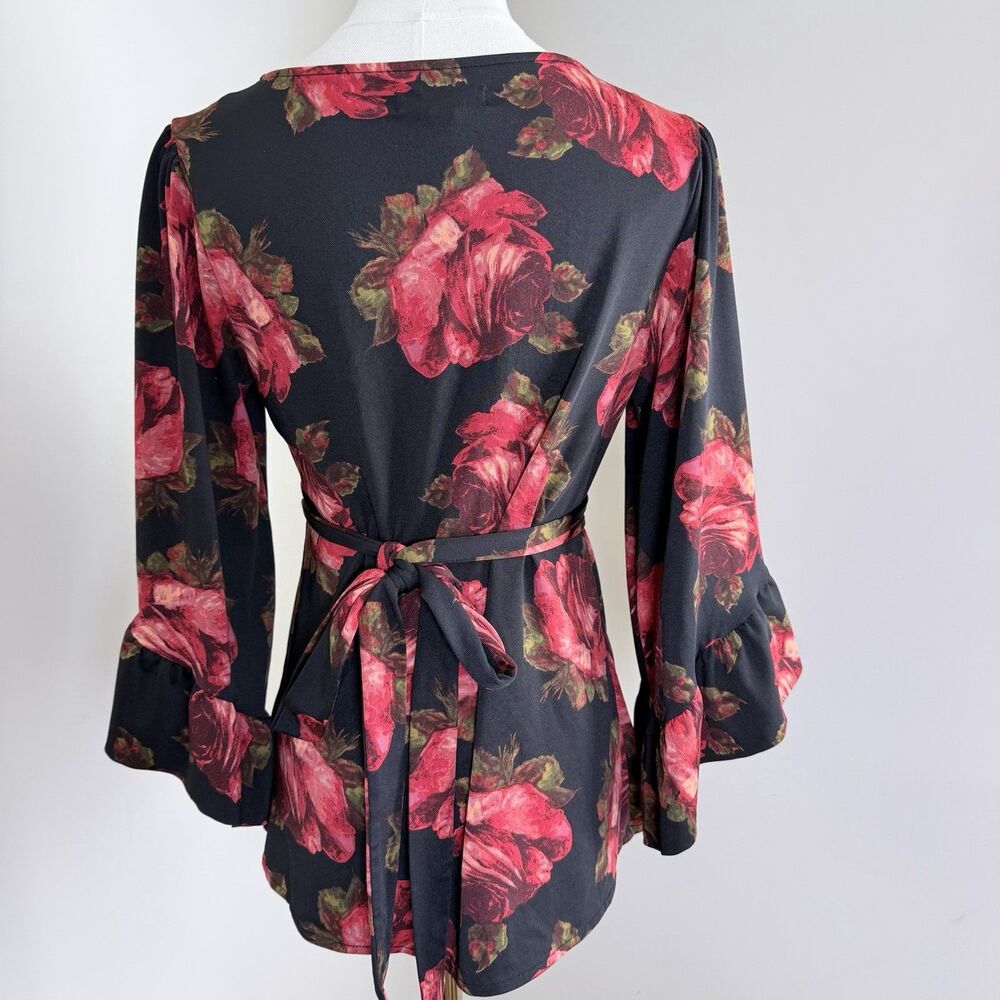 Betsey Johnson Floral Wrap Top S Black Red Roses Bell Sleeve Peplum Boho Romance - Picture 7 of 13